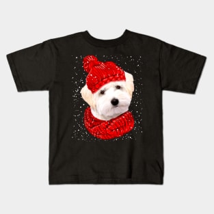 White Maltipoo Wearing Red Hat And Scarf Christmas Kids T-Shirt